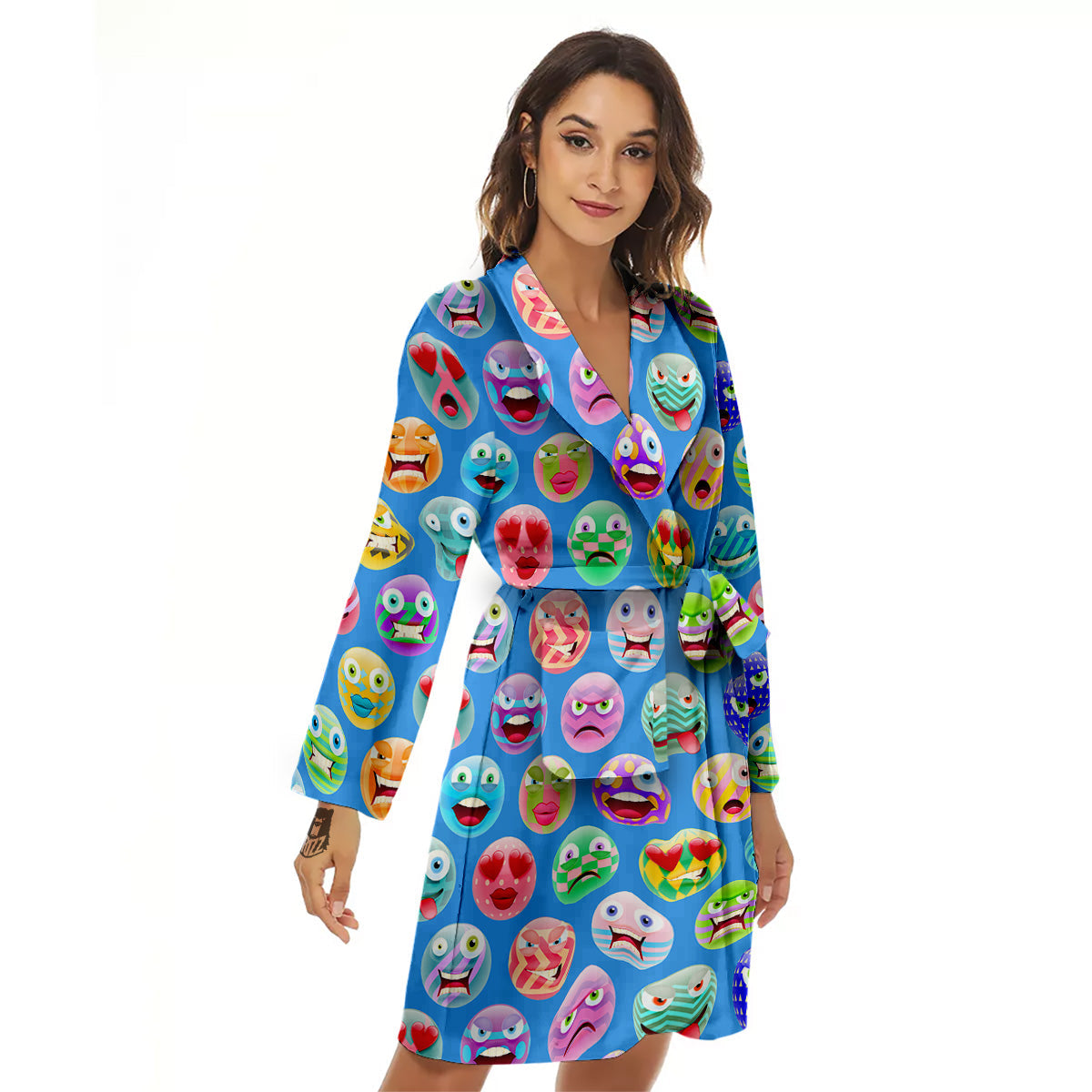 Cute Emoji Blue Print Pattern Women's Robe-grizzshop