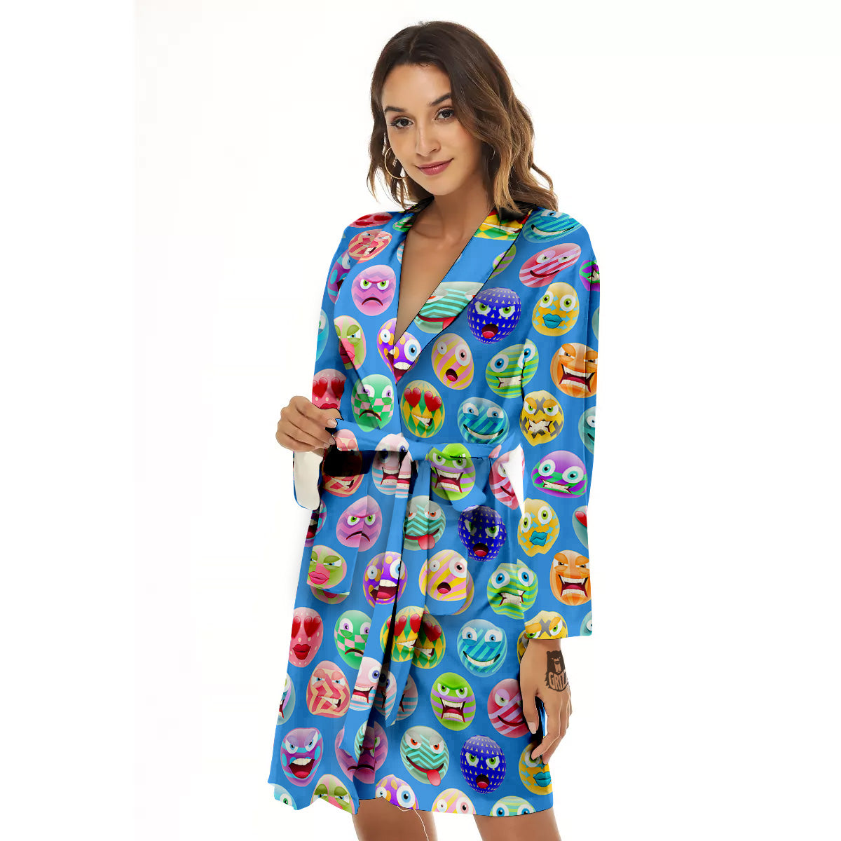Cute Emoji Blue Print Pattern Women's Robe-grizzshop