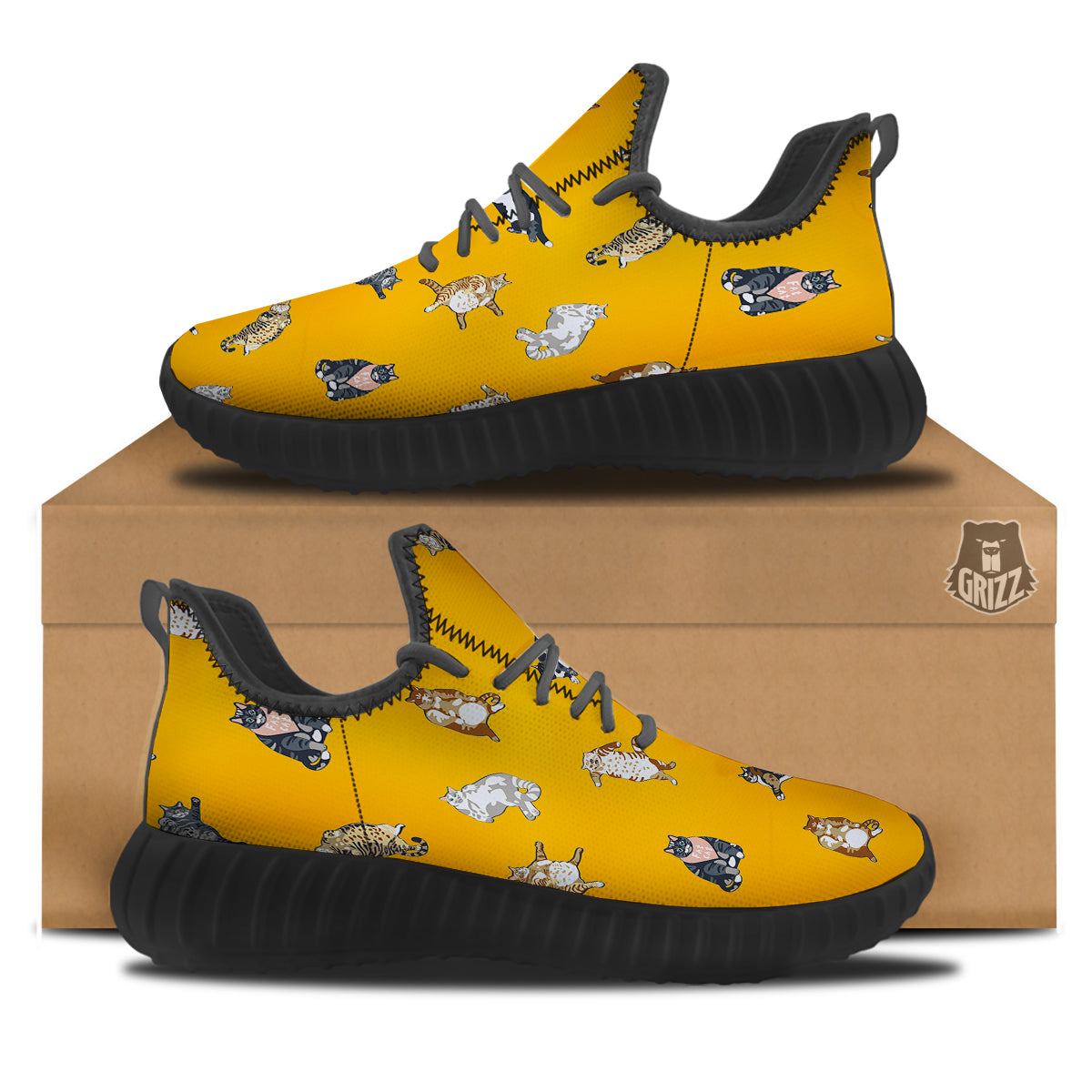 Cute Fat Cat Print Pattern Black Walking Shoes-grizzshop
