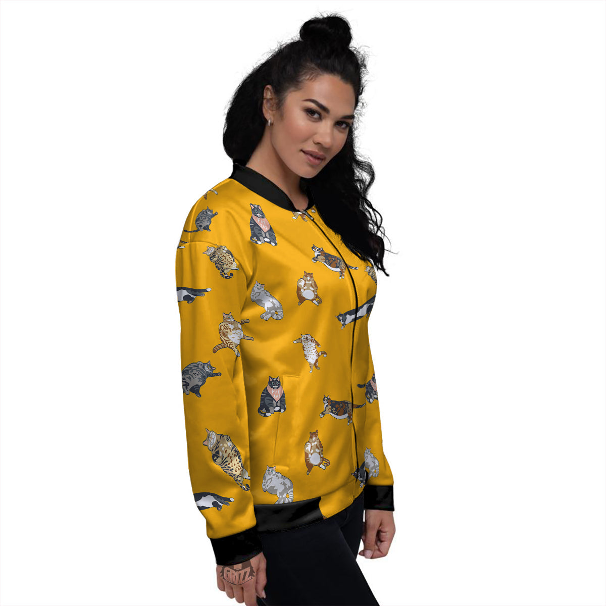 Cute Fat Cat Print Pattern Women's Bomber Jacket-grizzshop