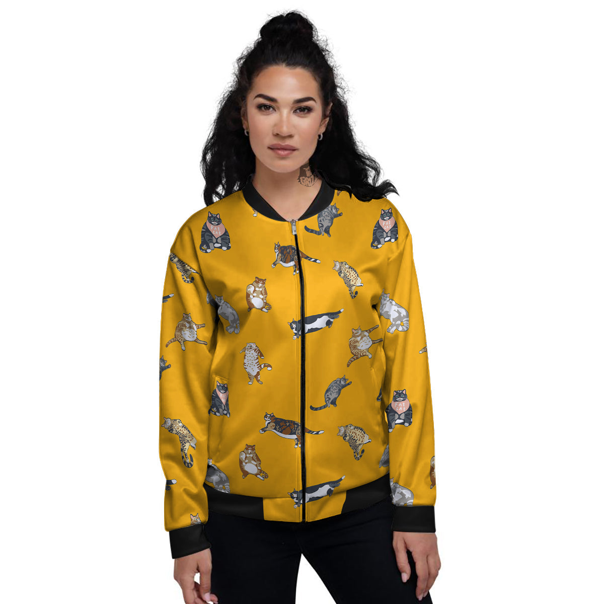 Cute Fat Cat Print Pattern Women's Bomber Jacket-grizzshop