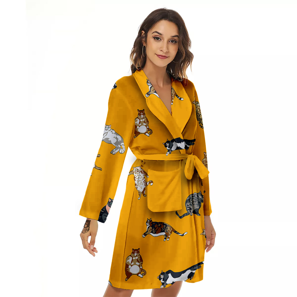 Cute Fat Cat Print Pattern Women's Robe-grizzshop