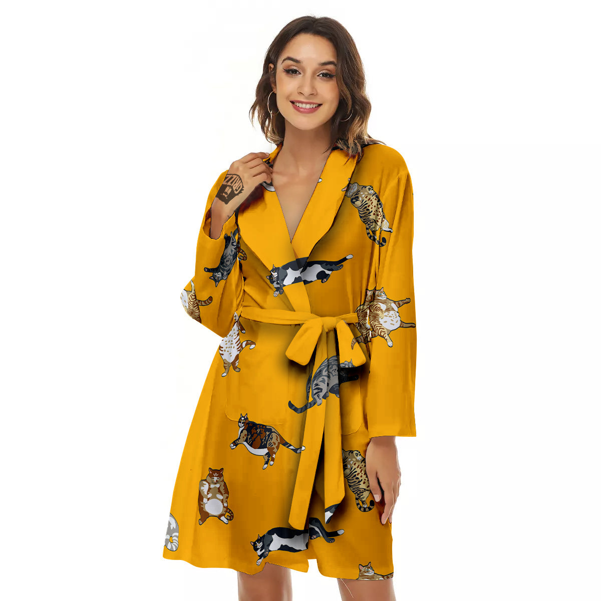 Cute Fat Cat Print Pattern Women's Robe-grizzshop