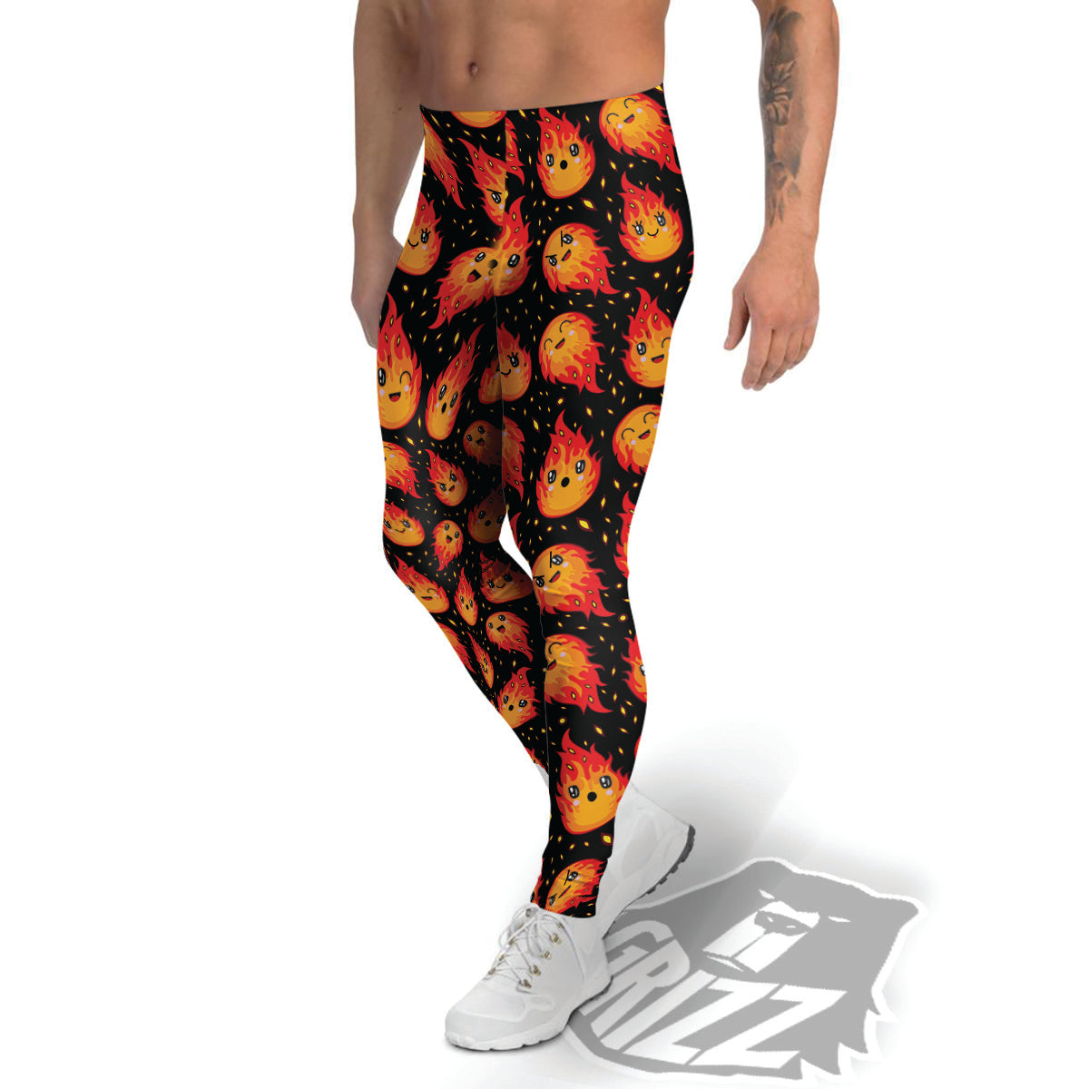 Cute Fire Cartoons Print Pattern Men's Leggings-grizzshop