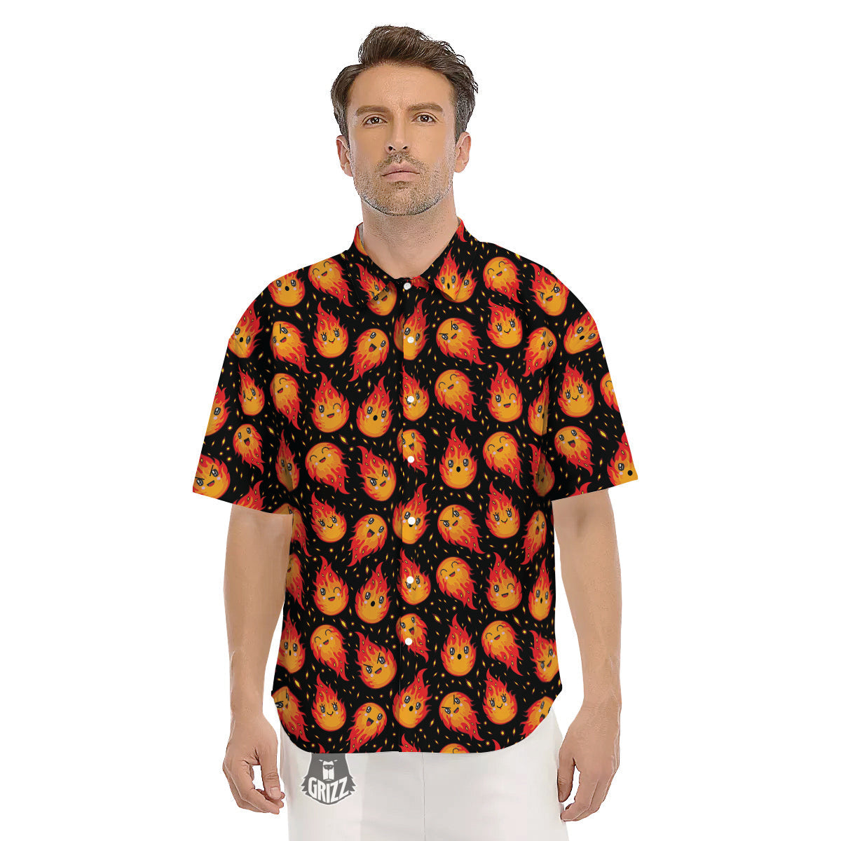 Cute Fire Cartoons Print Pattern Men's Short Sleeve Shirts-grizzshop