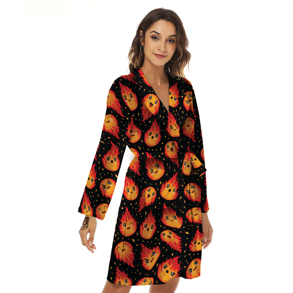 Cute Fire Cartoons Print Pattern Women's Robe-grizzshop