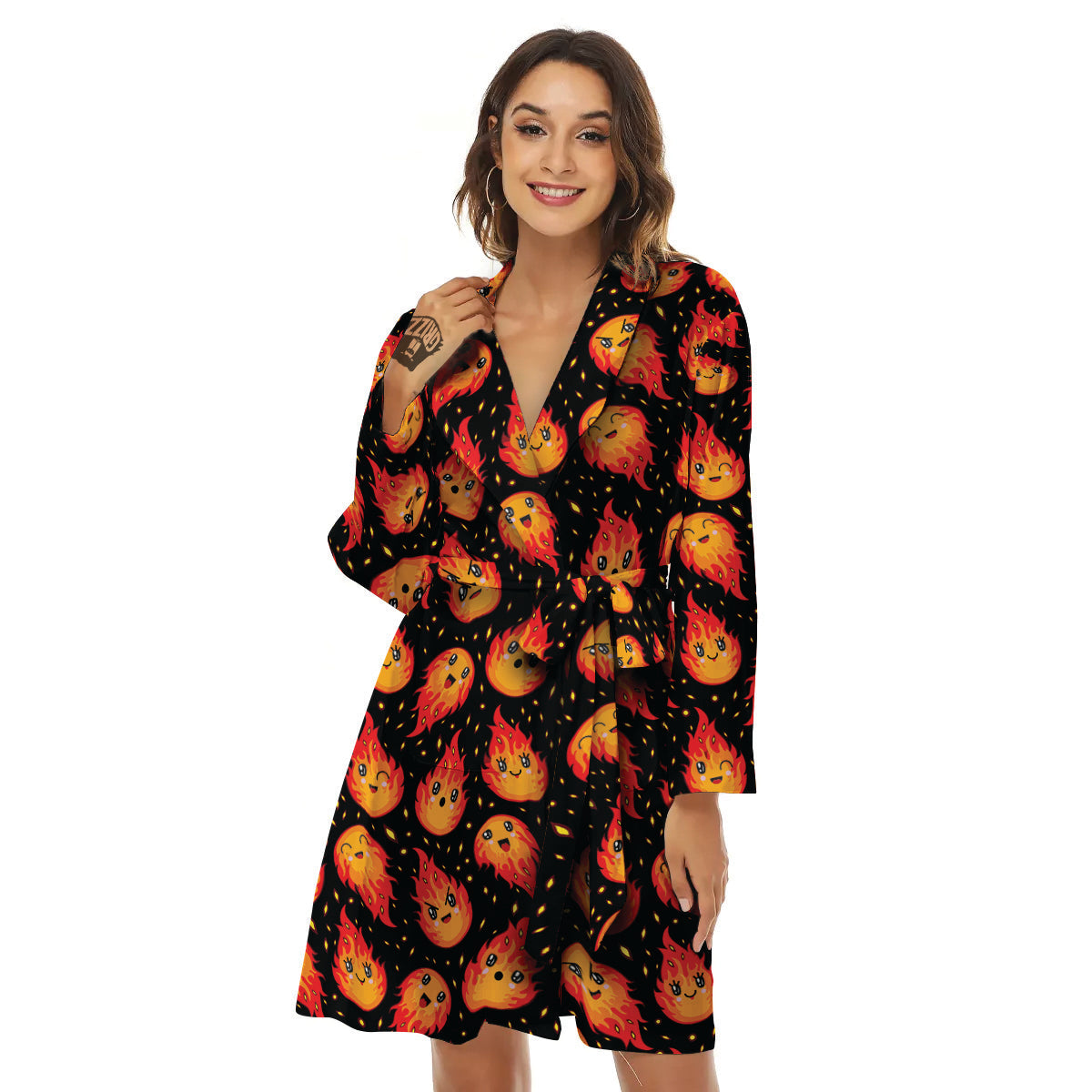 Cute Fire Cartoons Print Pattern Women's Robe-grizzshop