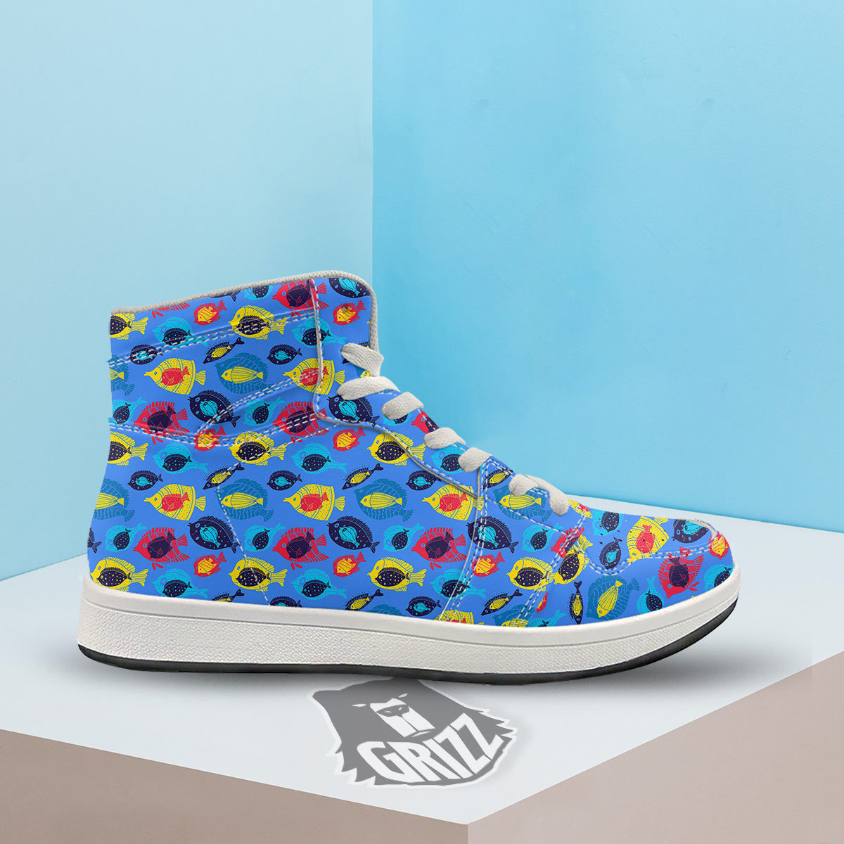 Cute Fish Colorful Blue Print Pattern High Top Sneakers-grizzshop