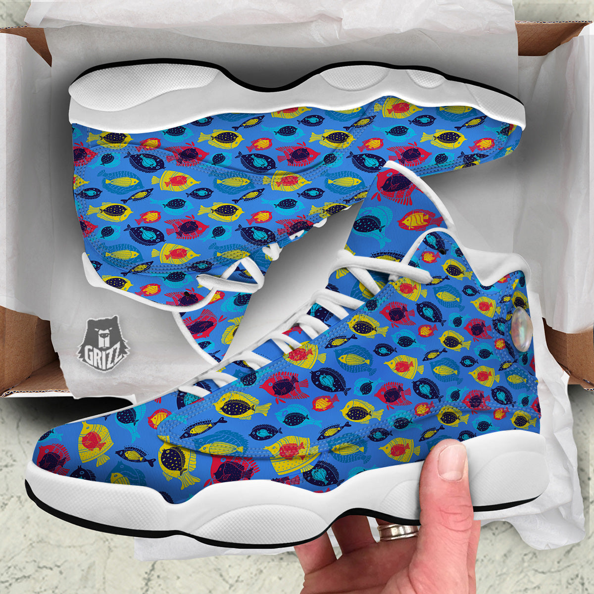 Cute Fish Colorful Blue Print Pattern White Basketball Shoes-grizzshop
