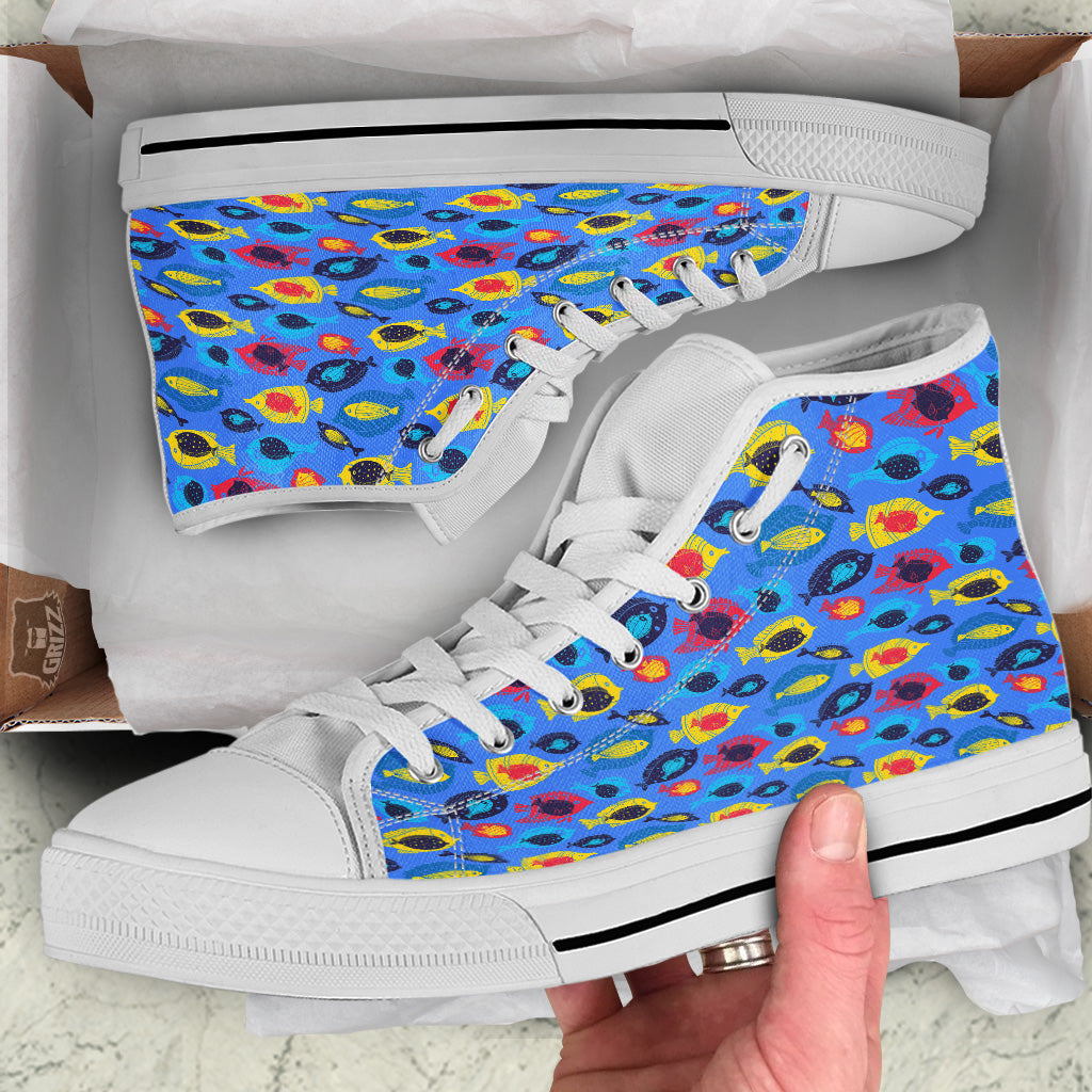 Cute Fish Colorful Blue Print Pattern White High Top Shoes-grizzshop