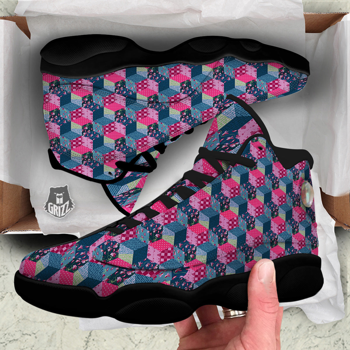 Cute Floral Patchwork Print Pattern Black Basketball Shoes-grizzshop