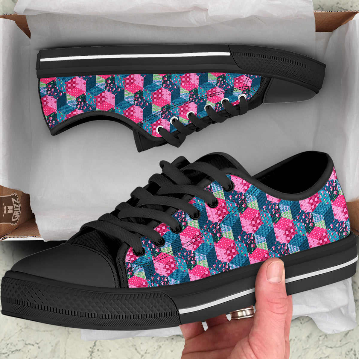 Cute Floral Patchwork Print Pattern Black Low Top Shoes-grizzshop
