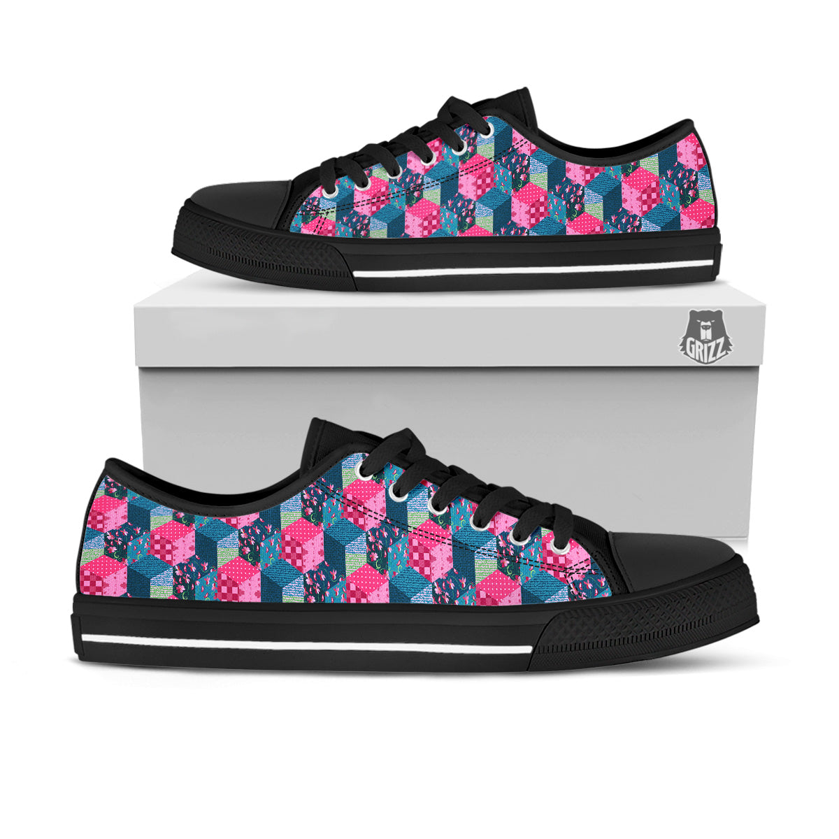 Cute Floral Patchwork Print Pattern Black Low Top Shoes-grizzshop