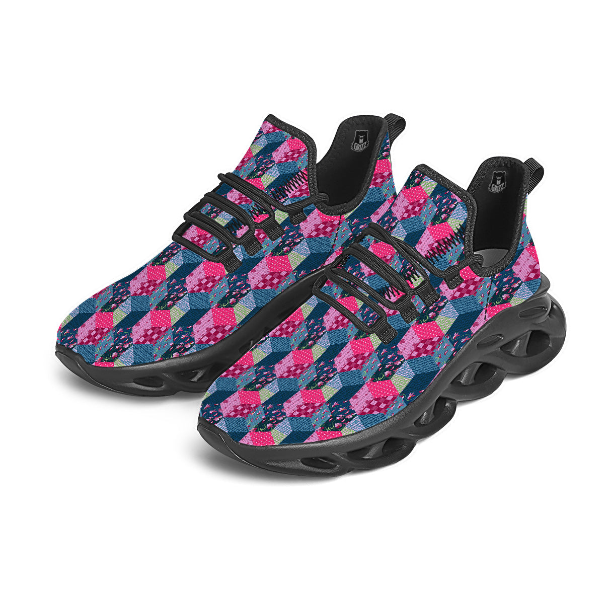 Cute Floral Patchwork Print Pattern Black Running Shoes-grizzshop