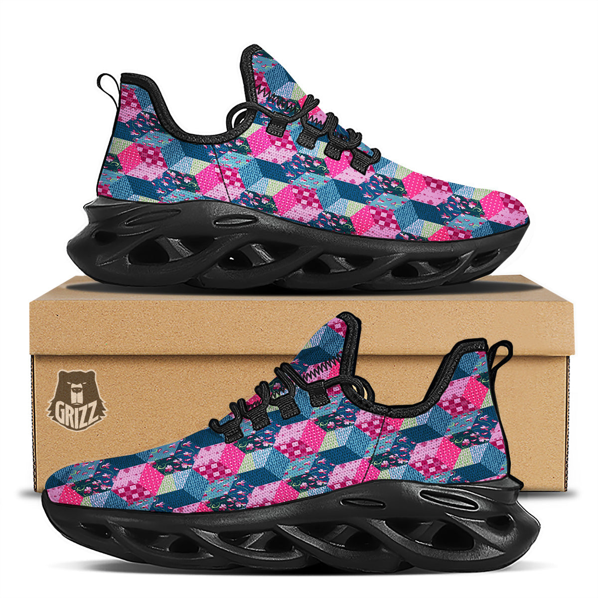 Cute Floral Patchwork Print Pattern Black Running Shoes-grizzshop
