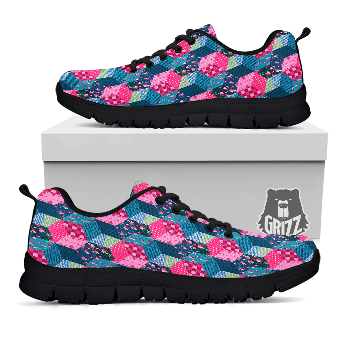 Cute Floral Patchwork Print Pattern Black Sneaker-grizzshop