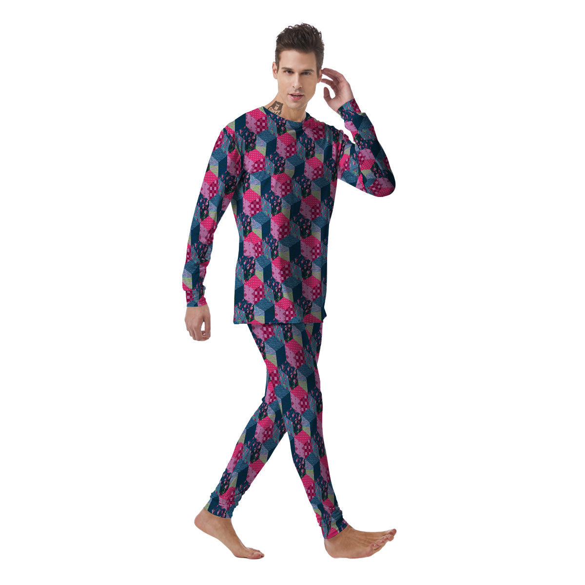 Cute Floral Patchwork Print Pattern Men's Pajamas-grizzshop