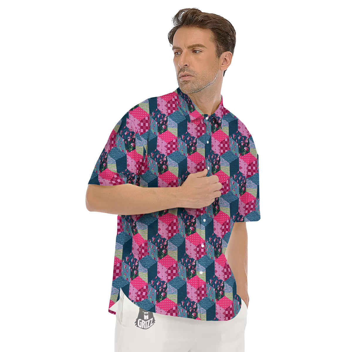 Cute Floral Patchwork Print Pattern Men's Short Sleeve Shirts-grizzshop