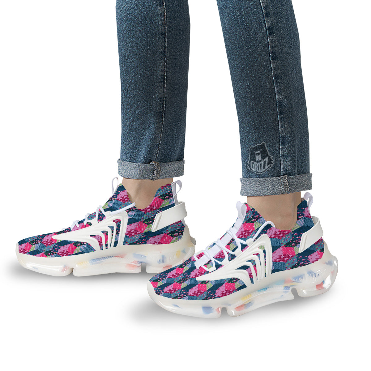 Cute Floral Patchwork Print Pattern White Gym Shoes-grizzshop