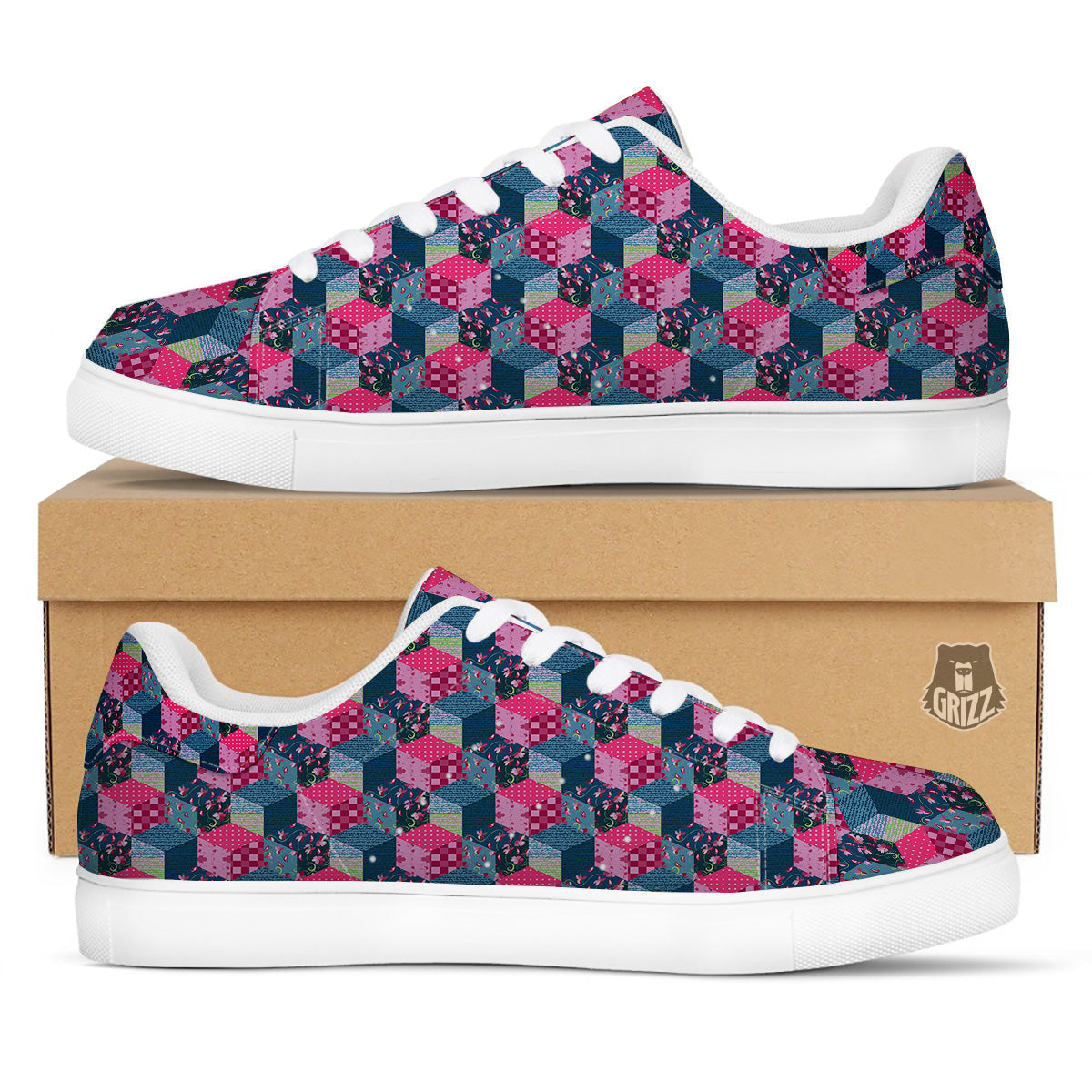 Cute Floral Patchwork Print Pattern White Low Top Sneakers-grizzshop