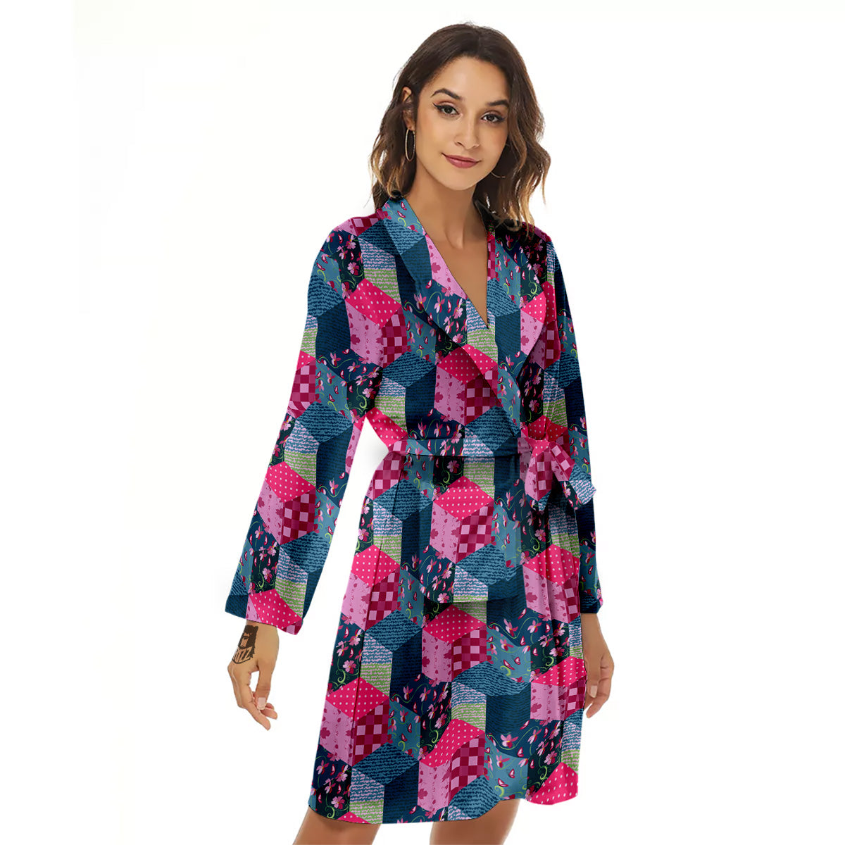 Cute Floral Patchwork Print Pattern Women's Robe-grizzshop
