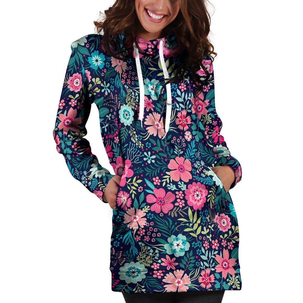 Cute Flower Floral Print Hoodie Dress-grizzshop