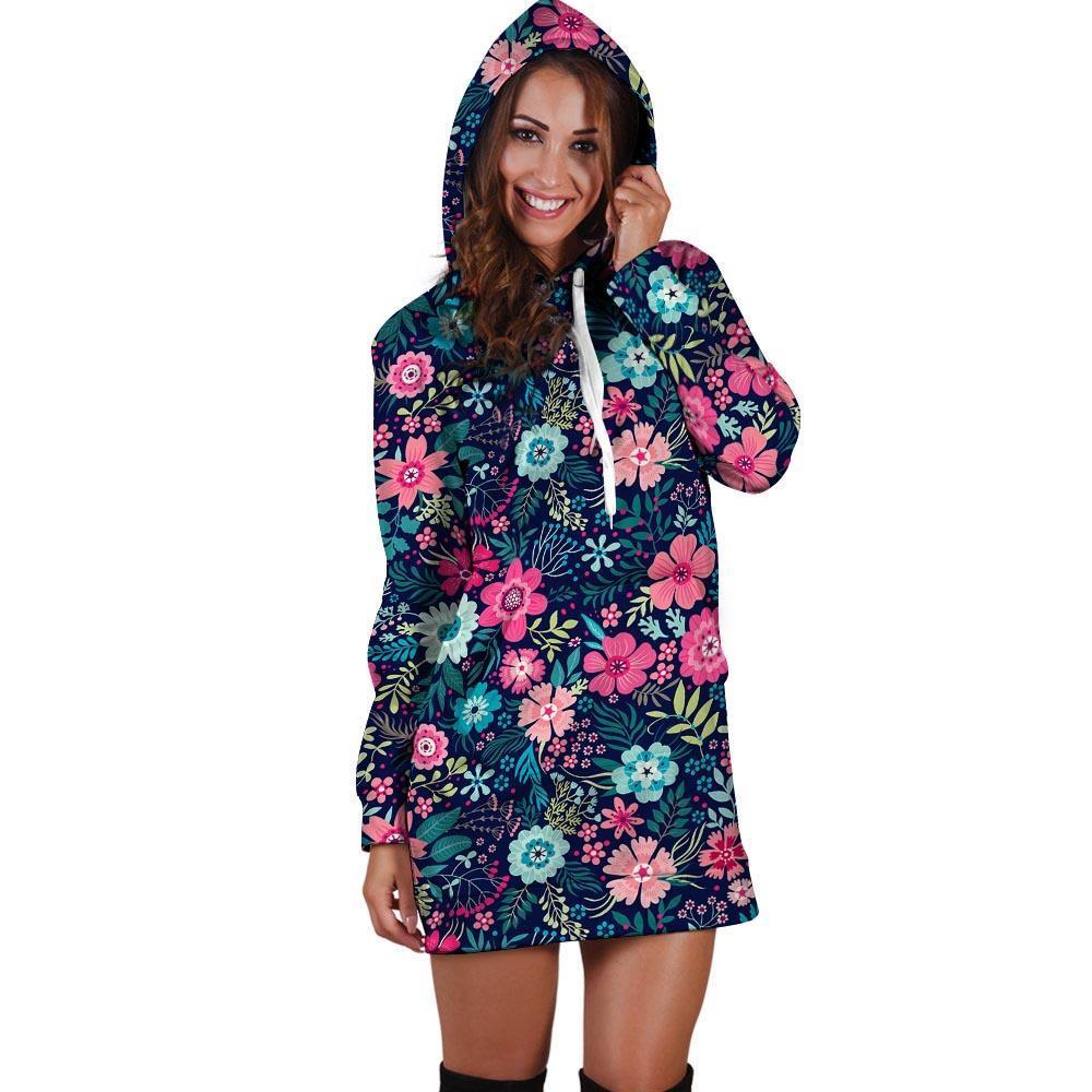 Cute Flower Floral Print Hoodie Dress-grizzshop