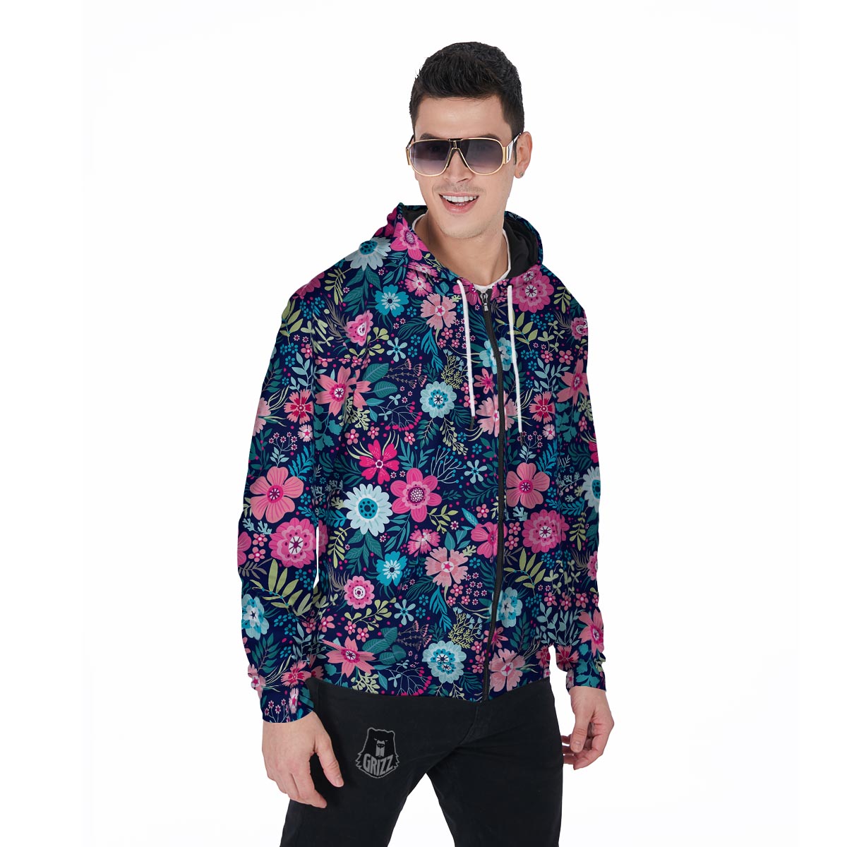 Cute Flower Floral Print Men's Zip Up Hoodie-grizzshop