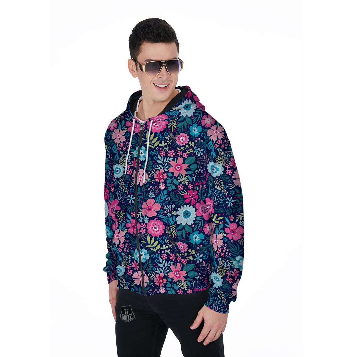 Cute Flower Floral Print Men's Zip Up Hoodie-grizzshop
