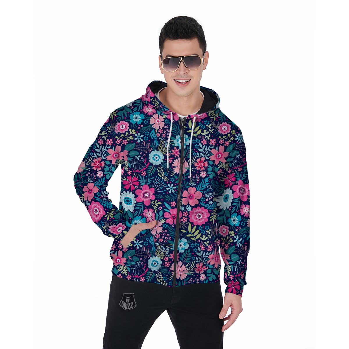 Cute Flower Floral Print Men's Zip Up Hoodie-grizzshop