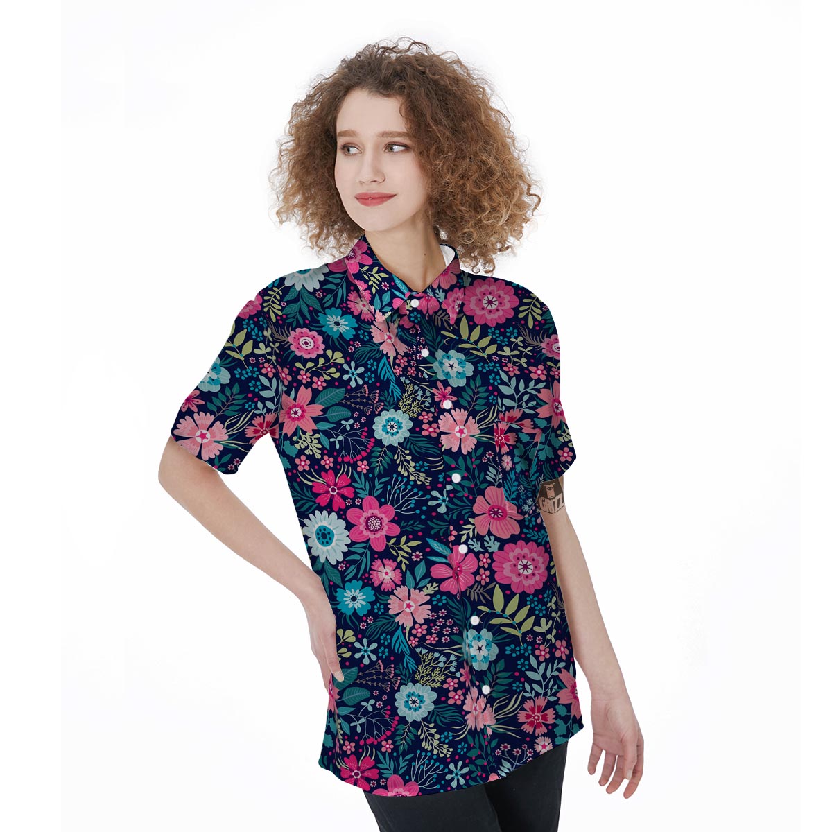 Cute Flower Floral Print Women's Short Sleeve Shirts-grizzshop