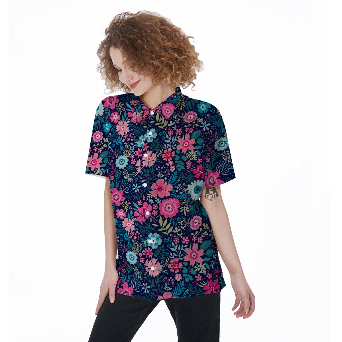 Cute Flower Floral Print Women's Short Sleeve Shirts-grizzshop