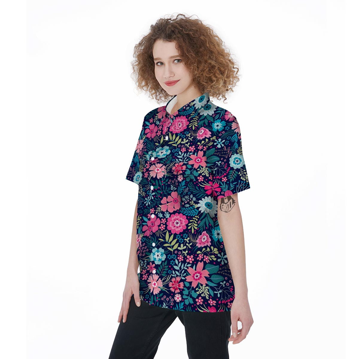 Cute Flower Floral Print Women's Short Sleeve Shirts-grizzshop