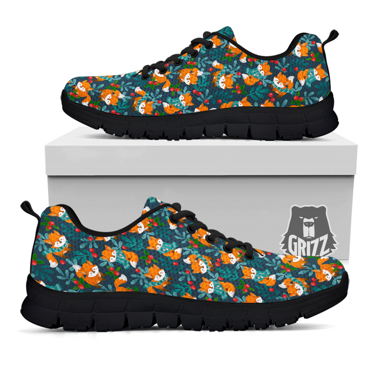 Cute Fox Print Pattern Black Sneaker-grizzshop