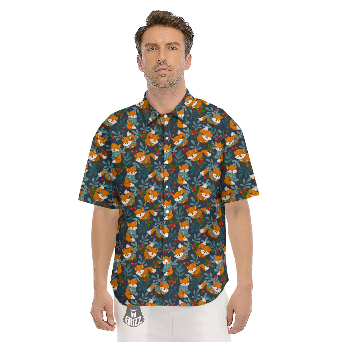 Cute Fox Print Pattern Men's Short Sleeve Shirts-grizzshop