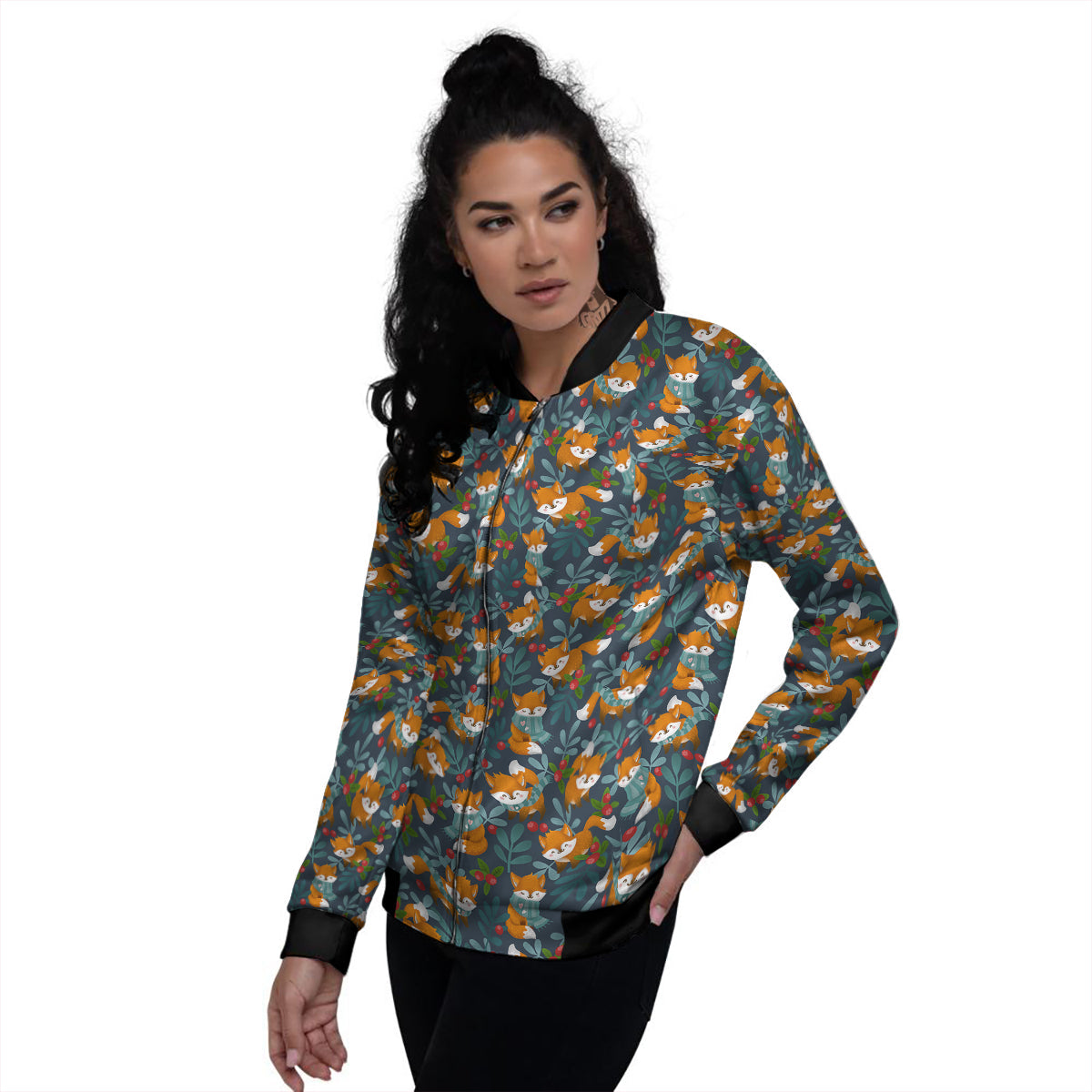 Cute Fox Print Pattern Women's Bomber Jacket-grizzshop