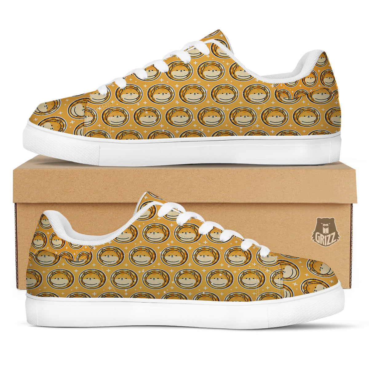 Cute Funny Crypto Dogecoin Print Pattern White Low Top Sneakers-grizzshop