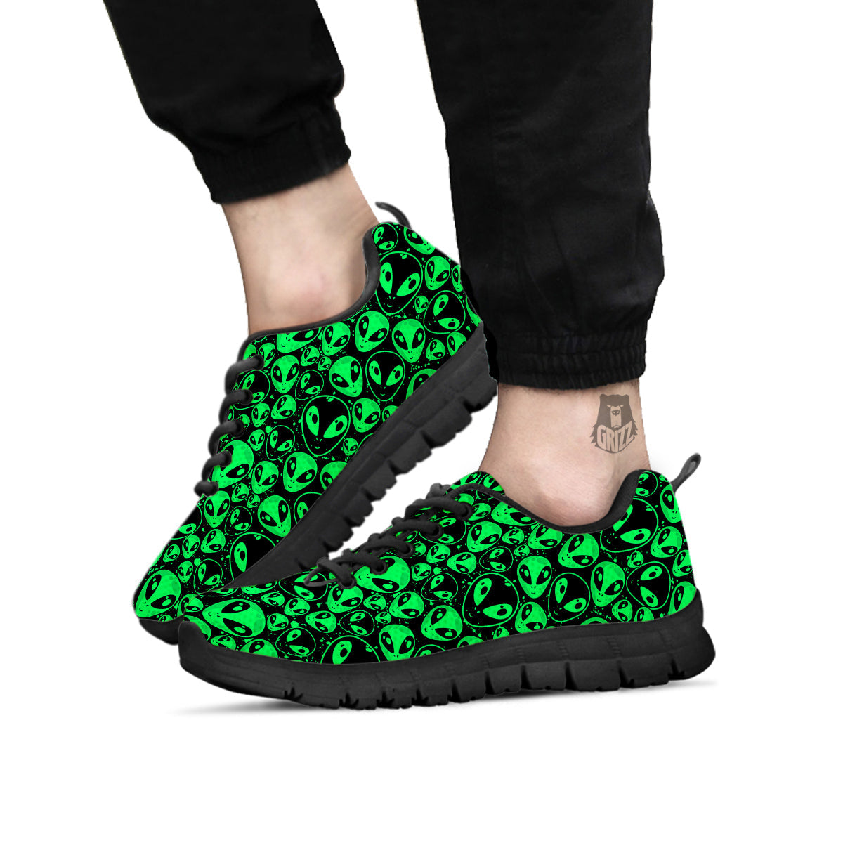 Cute Green Alien Print Pattern Black Sneaker-grizzshop