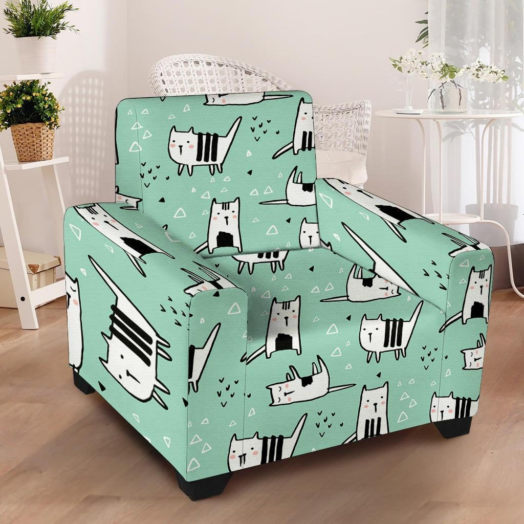 Cute Green Doodle Cat Print Armchair Cover-grizzshop