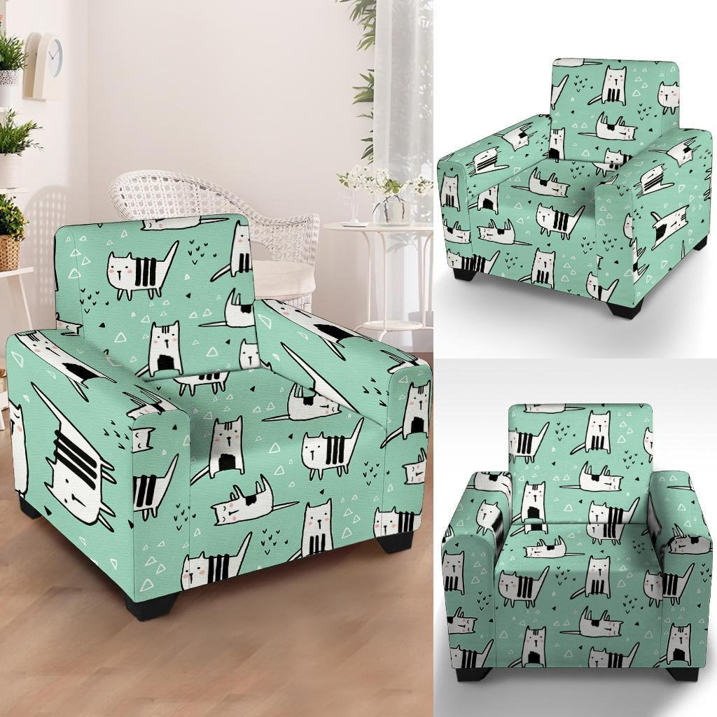 Cute Green Doodle Cat Print Armchair Cover-grizzshop