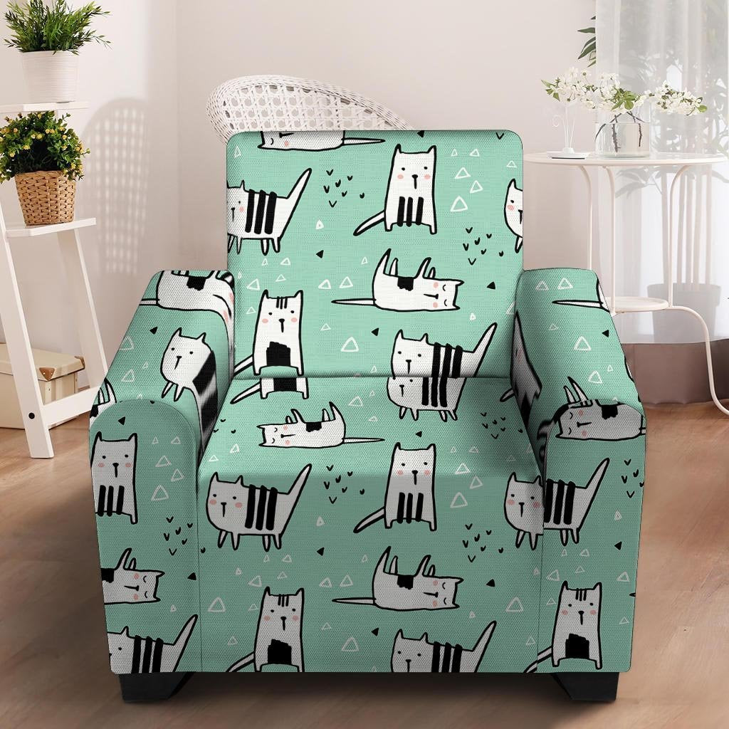 Cute Green Doodle Cat Print Armchair Cover-grizzshop