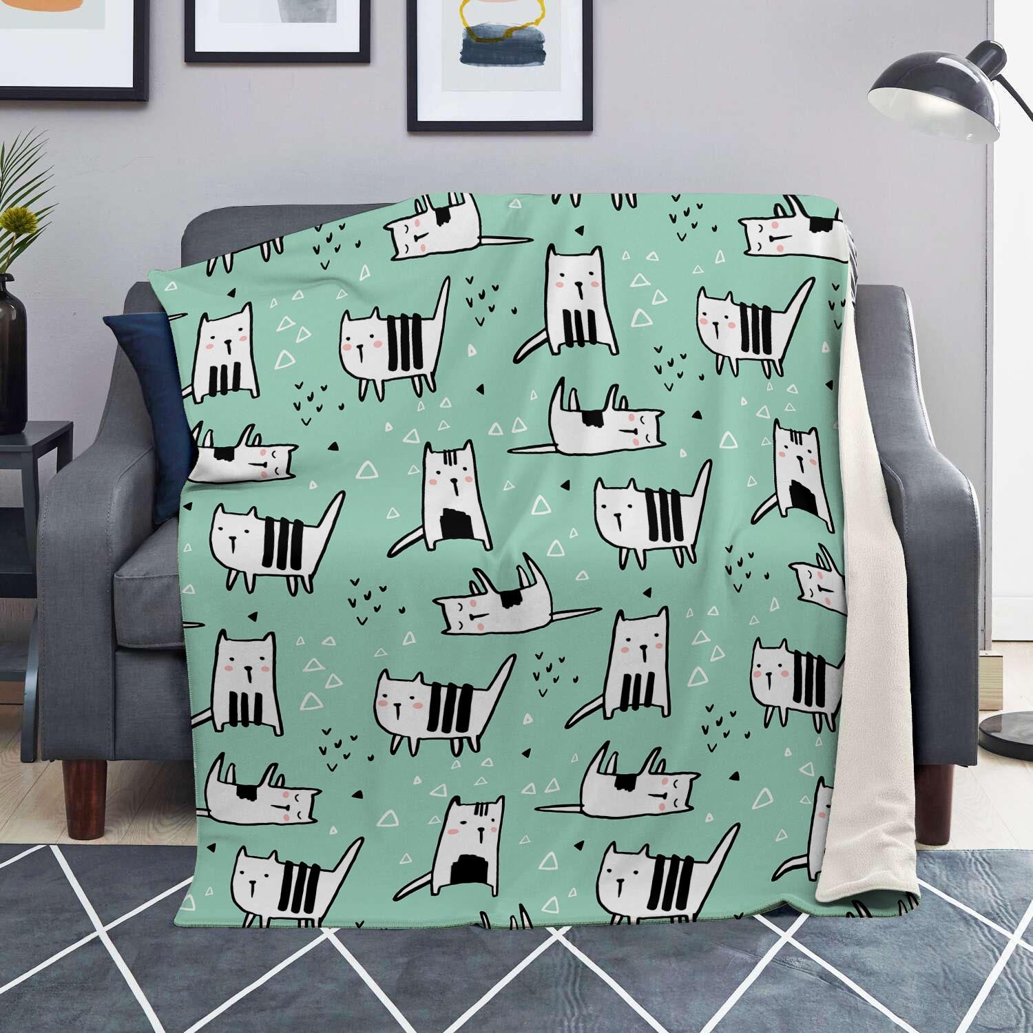 Cute Green Doodle Cat Print Blanket-grizzshop