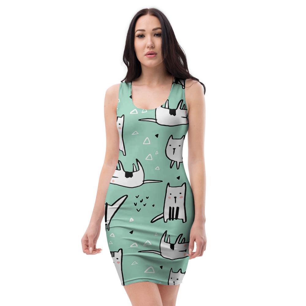 Cute Green Doodle Cat Print Bodycon Dress-grizzshop