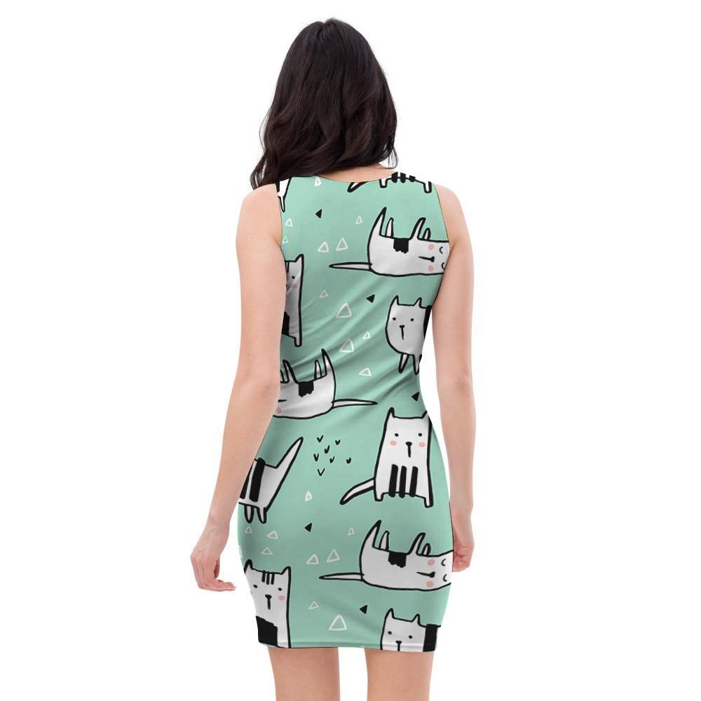 Cute Green Doodle Cat Print Bodycon Dress-grizzshop