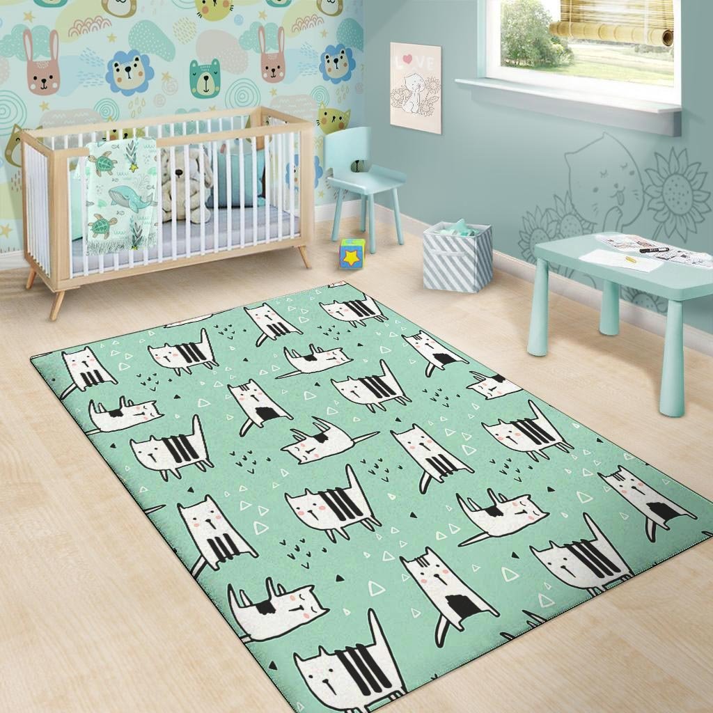 Cute Green Doodle Cat Print Floor Mat-grizzshop