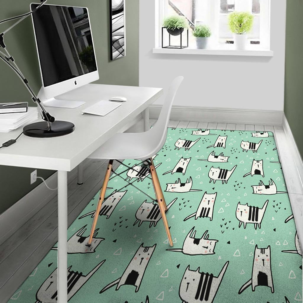 Cute Green Doodle Cat Print Floor Mat-grizzshop