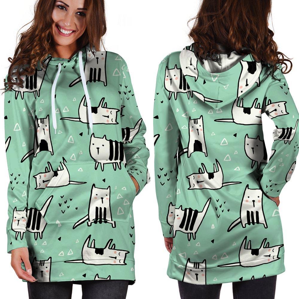 Cute Green Doodle Cat Print Hoodie Dress-grizzshop