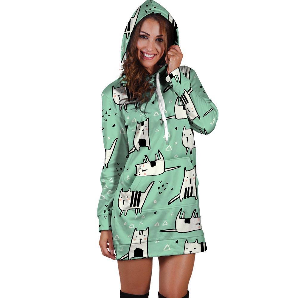 Cute Green Doodle Cat Print Hoodie Dress-grizzshop