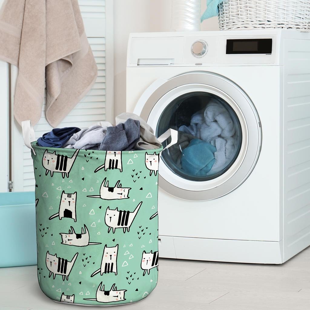 Cute Green Doodle Cat Print Laundry Basket-grizzshop