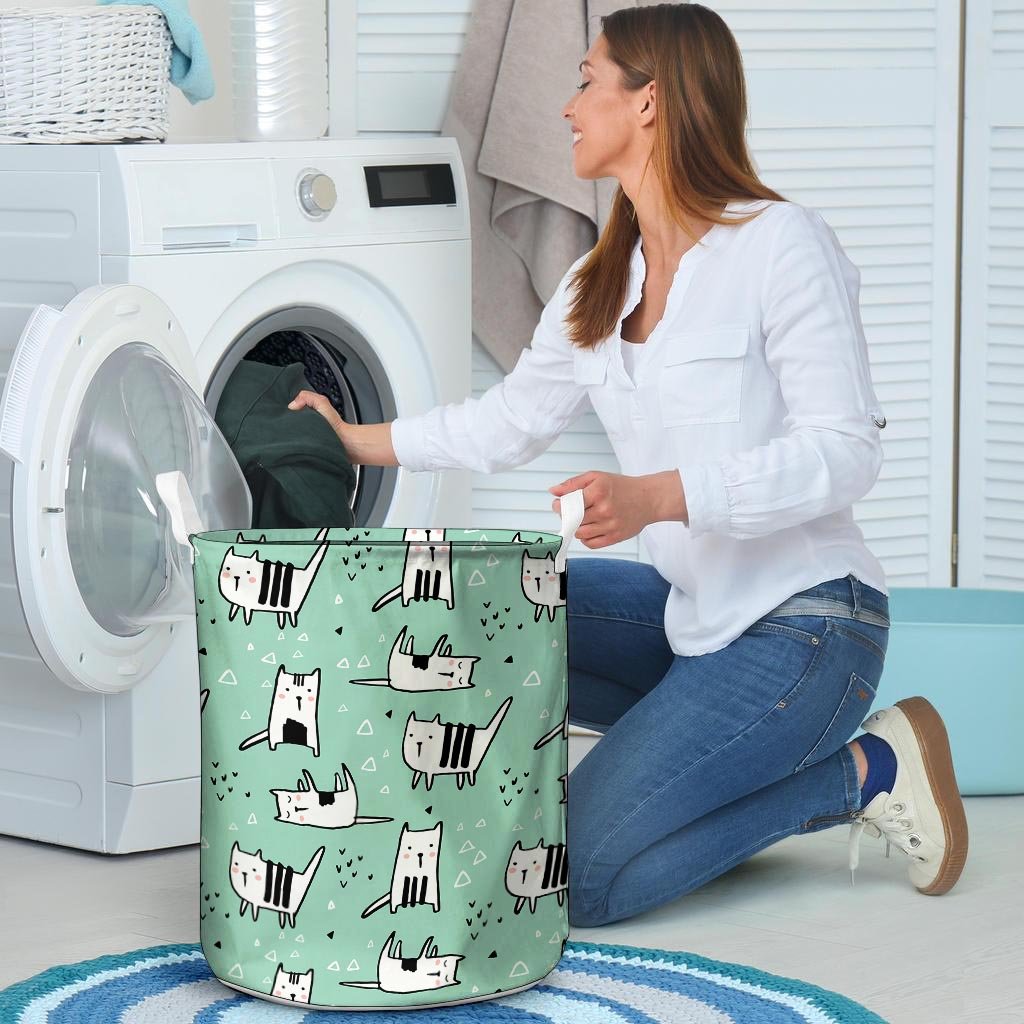 Cute Green Doodle Cat Print Laundry Basket-grizzshop